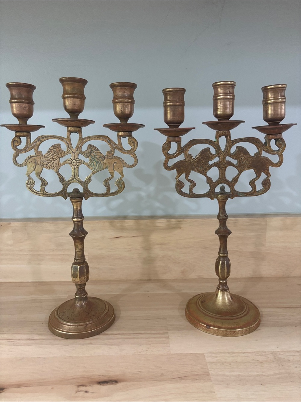 Vintage Brass Menorah Shabbat Candelabra, 3 Arms, King Lions, Candle Holder